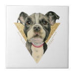 "Puppy Eyes" Pit Bull Dog Watercolor Painting 3 Tile<br><div class="desc">This is a watercolor painting of a black and white pit bull puppy. It is a close up of the dog with large hopeful looking eyes. I added a triangle frame in the background of faux gold glitter.</div>