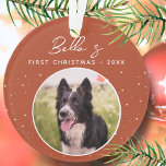 Puppy First Christmas Border Collie Dog Photo  Ornament<br><div class="desc">Puppy First Christmas Border Collie Dog Photo Ornament. Trendy white script on a dark orange background with snowflakes. Custom photo in a round frame. Add your dog photo,  name and year.</div>