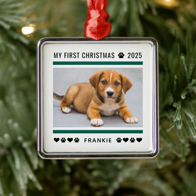Puppy First Christmas Green Custom Photo Metal Tree Decoration (Tree)