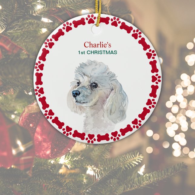 Puppy First Christmas Personalized Poodle Dog Ceramic Tree Decoration (Customize with Dog's Name on front, Year on reverse.  Edit '1st Christmas' or delete if not wanted. )