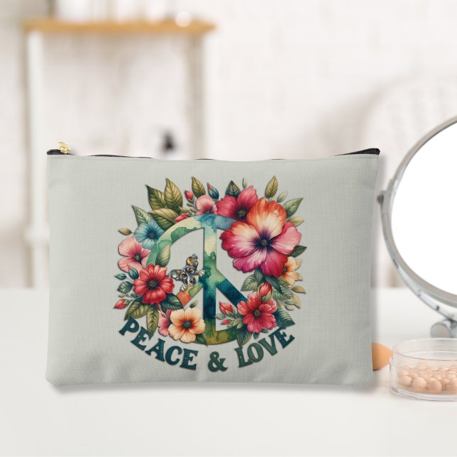 Puppy & Floral 70s Retro "Peace & Love" Peace Sign Accessory Pouch (Creator Uploaded)