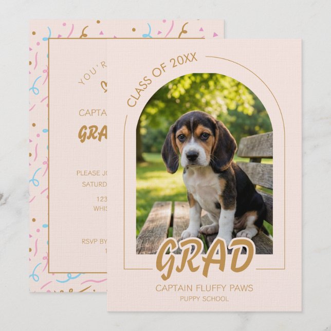 Puppy Graduation Blush Pink Gold Modern Photos Invitation (Front/Back)