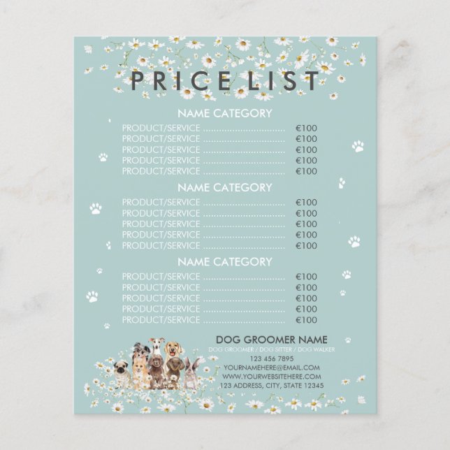 Puppy Green Daisy Flower Dog Groomer Price List Flyer (Front)