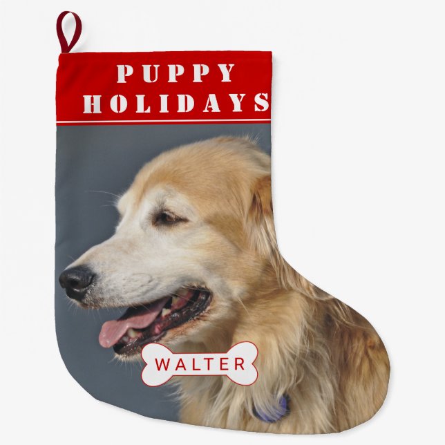 Puppy holidays dog pet red Christmas photo Large Christmas Stocking (Front)