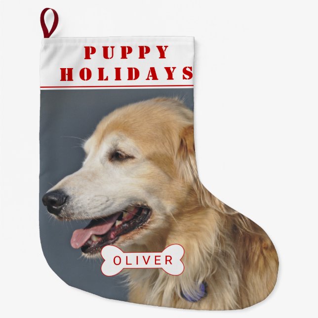 Puppy holidays dog pet red Christmas photo Large Christmas Stocking (Front)