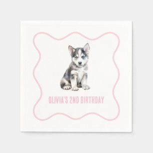 Puppy husky preppy pink plaid birthday napkin