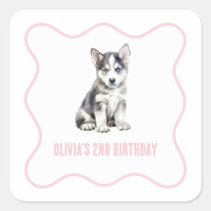 Puppy husky preppy pink plaid birthday square sticker