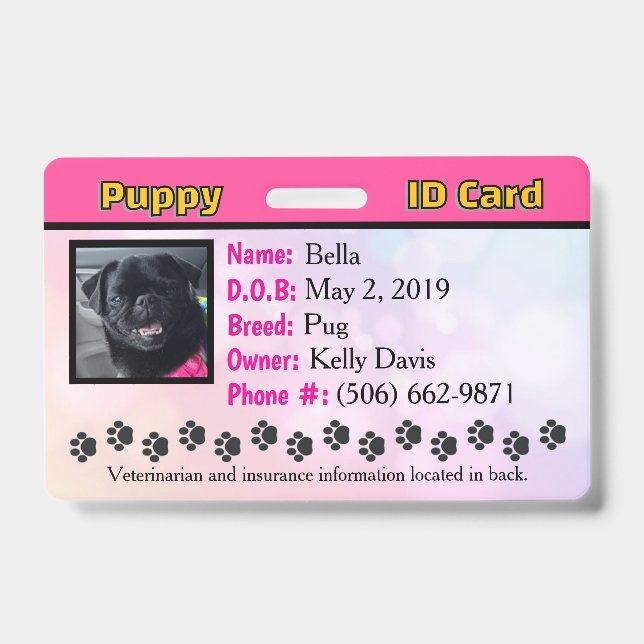 Puppy ID card Badge - Pink (Front)