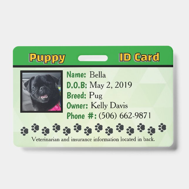Puppy ID card - Green Badge (Front)