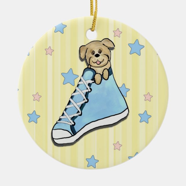 Puppy in a Blue Shoe Ornament (Front)