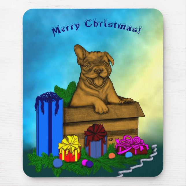 Puppy in A Box , Merry Xmas Mouse Mat (Front)