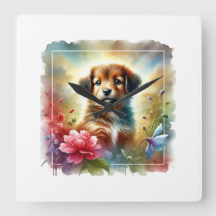 Puppy in a colorful day 040924AREF115 - Watercolor Square Wall Clock