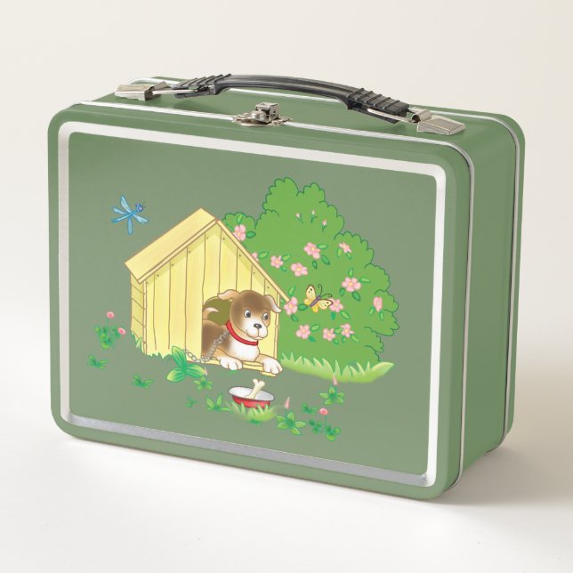 puppy in a kennel and a bone in a bowl metal lunch box (Front)