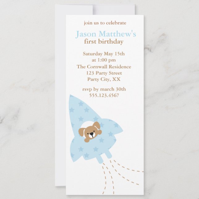 Puppy in a Rocket birthday party invitations (Front)
