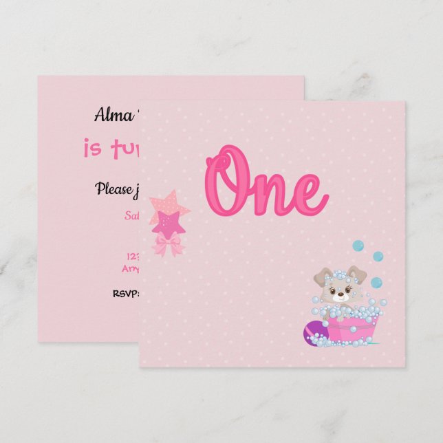Puppy in Bath One Year Old Girl Birthday Invitation (Front/Back)