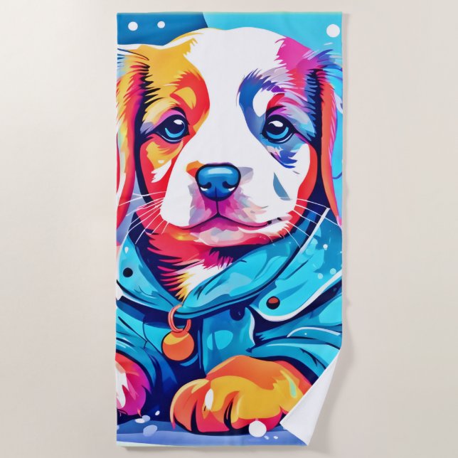Puppy in Blue Coat Design Beach Towel (Front)