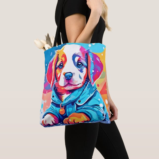 Puppy in Blue Coat Design Tote Bag (Close Up)