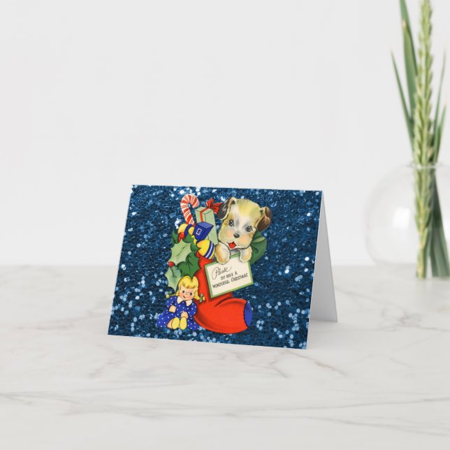 Puppy in Christmas Stocking Blue Faux Glitter Holiday Card (Front)