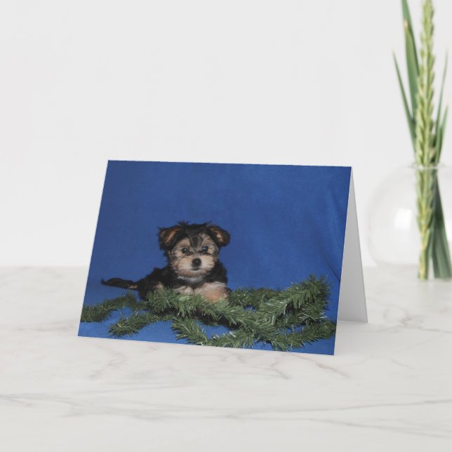 Puppy in garland holiday greeting card PERSONALIZE (Front)