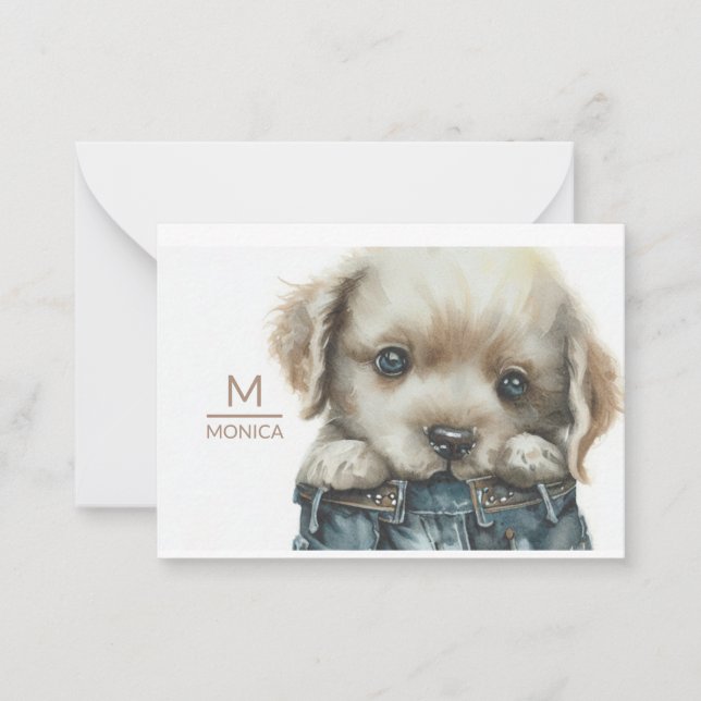 Puppy in Jeans Art Monogram Personalised Note Card (Front)