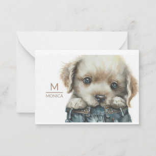 Puppy in Jeans Art Monogram Personalised Note Card