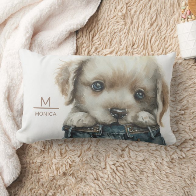 Puppy in Jeans Art Monogram Throw Pillow (Blanket)