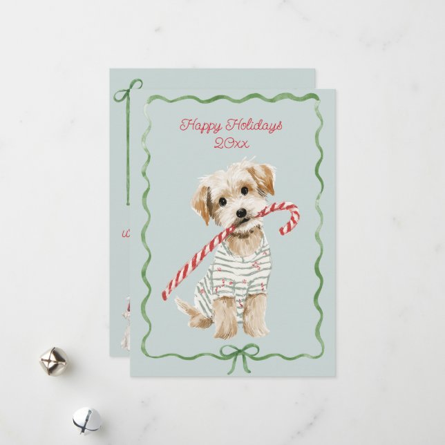 Puppy in Pajamas Blue Flat Holiday Card (Front/Back In Situ)