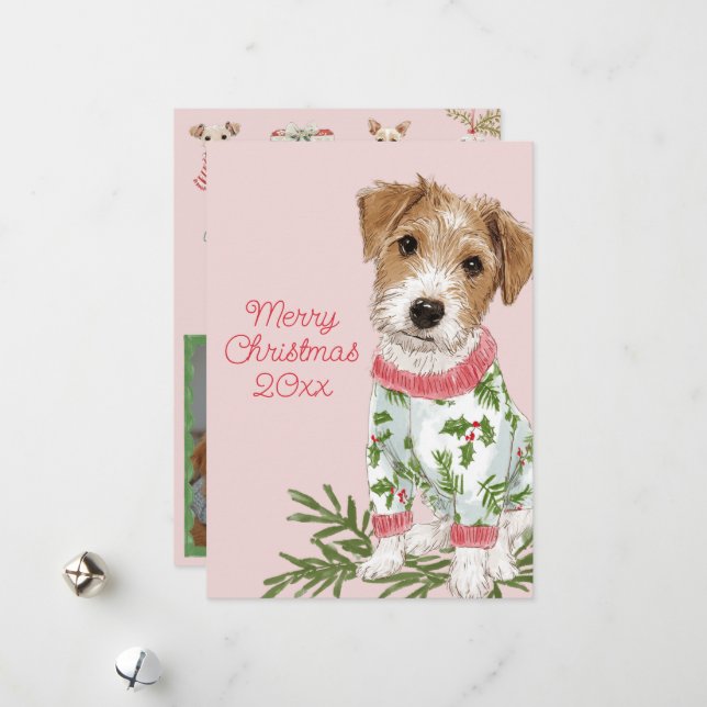 Puppy in Pajamas Pink Flat Holiday Card (Front/Back In Situ)