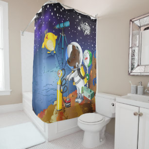 Puppy in space an alien with a telescope shower curtain