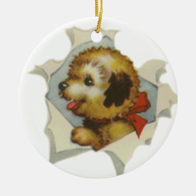 puppy in torn paper ceramic tree decoration (Front)