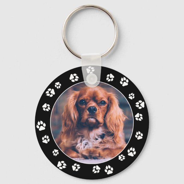 Puppy Instagram Photo White Paw Prints Keychain (Front)