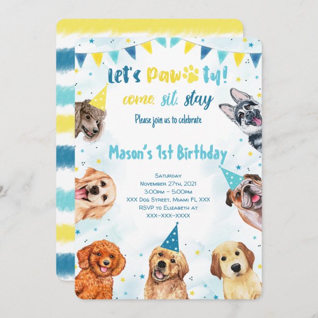 Puppy Invitation, Dog Birthday Invitation (Front/Back)