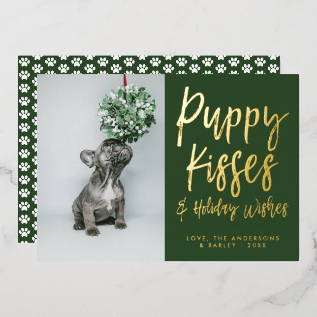 Puppy Kisses Paw Print Photo Foil Holiday Card (Front/Back)