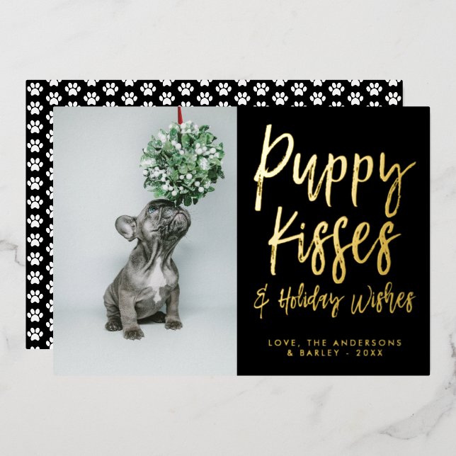 Puppy Kisses Paw Print Photo Foil Holiday Card (Front/Back)