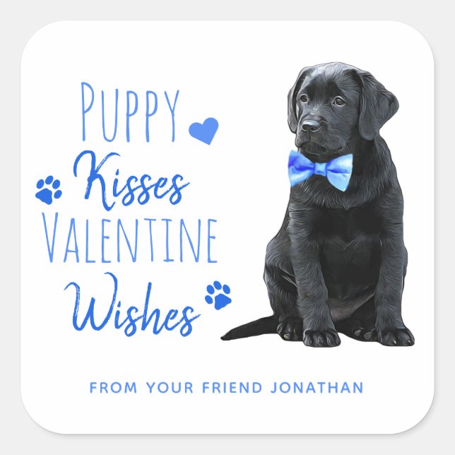 Puppy Kisses Valentine Wishes Kids Valentines Day Square Sticker (Front)