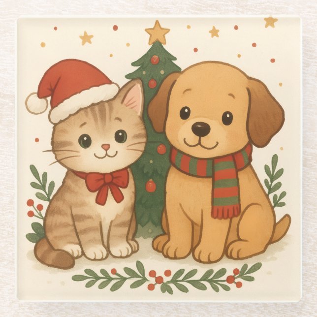 Puppy & Kitten Christmas Cheer Glass Coaster (Front)