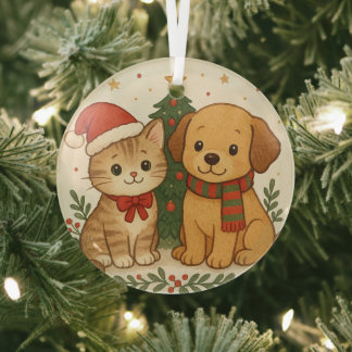 Puppy & Kitten Christmas Cheer Glass Tree Decoration