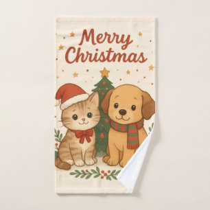 Puppy & Kitten Christmas Cheer Hand Towel