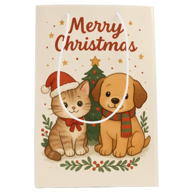 Puppy & Kitten Christmas Cheer Medium Gift Bag (Front)