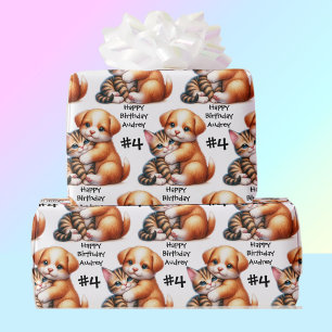 Puppy & Kitten Hug Add Name & Age Happy Birthday Wrapping Paper