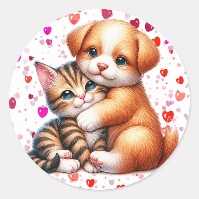 Puppy & Kitty Hug Valentine's Day Cute Classic Round Sticker (Front)