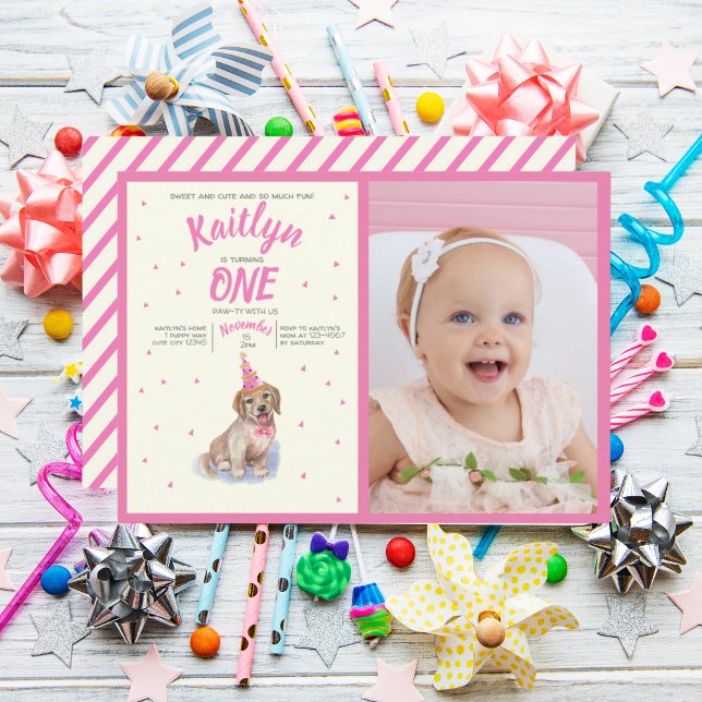 Puppy 🐶 Labrador Pink First Birthday Photo Invitation (Puppy 🐶 Labrador Pink First Birthday Photo Invitation)