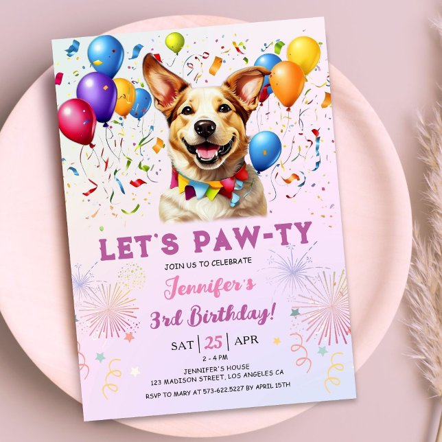 Puppy Lets Pawty Birthday Party Girl 3rd Birthday Invitation (Creator Uploaded)