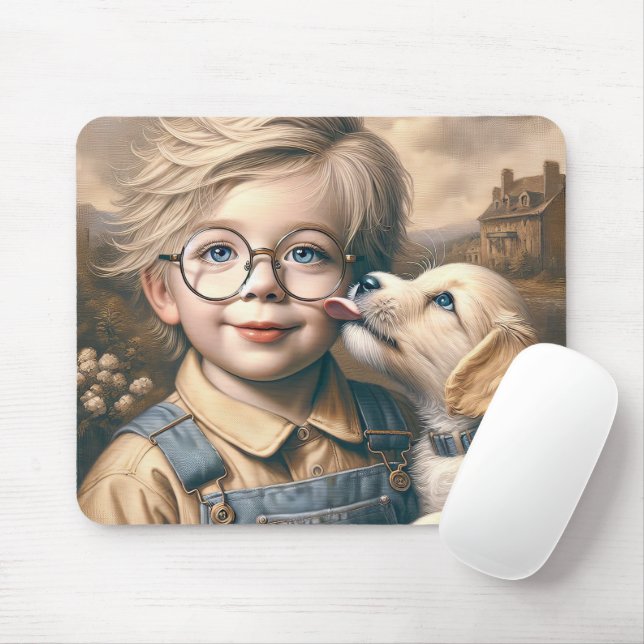 Puppy Licking Little Boy's Face Mouse Mat (With Mouse)