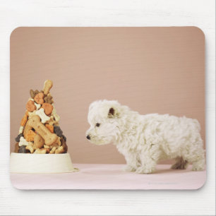 Puppy looking at pile of biscuits in dog bowl mouse mat