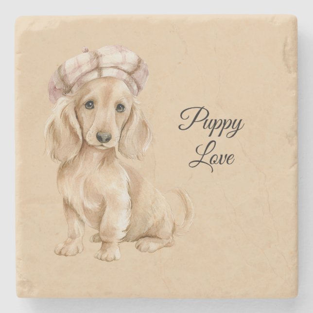 Puppy Love Beret Stone Coaster (Front)