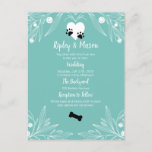 Puppy Love Dog Wedding Invitation Postcard<br><div class="desc">Yes! It's a tail wagging Doggie wedding invitation in a fetching Tiffany Blue. Complete with tennis ball swirling vines and hearts and bones.</div>