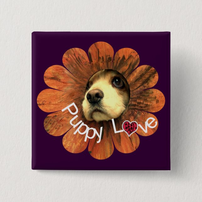 Puppy Love Peeking Out of a Flower 15 Cm Square Badge (Front)