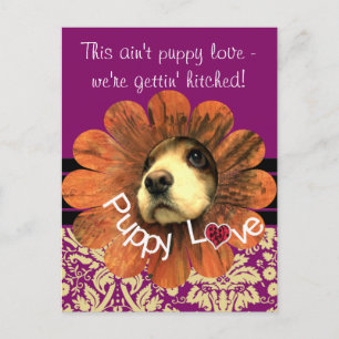 Puppy Love Peeking Out of a Flower Announcement Postcard