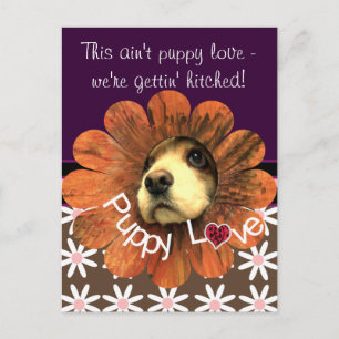 Puppy Love Peeking Out of a Flower Announcement Postcard